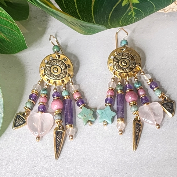 Earrings by In Knots in Amethyst, Rose Quartz, Rhodonite, & "African Turquoise" - Picture 3 of 4